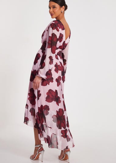 Quiz Pink Floral Dip Hem Midi Dress