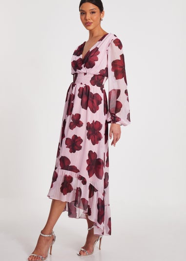 Quiz Pink Floral Dip Hem Midi Dress