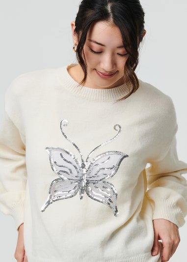 Izabel London White Butterfly Embellished Puff Sleeve Jumper