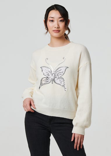 Izabel London White Butterfly Embellished Puff Sleeve Jumper