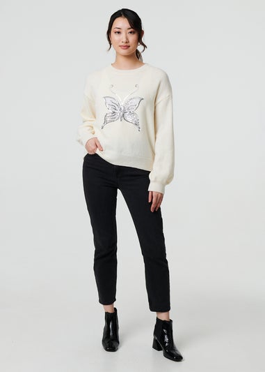 Izabel London White Butterfly Embellished Puff Sleeve Jumper
