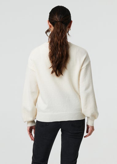 Izabel London White Butterfly Embellished Puff Sleeve Jumper