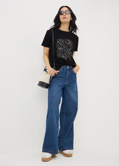 Black Floral Embroidered T-Shirt