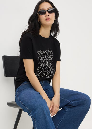 Black Floral Embroidered T-Shirt