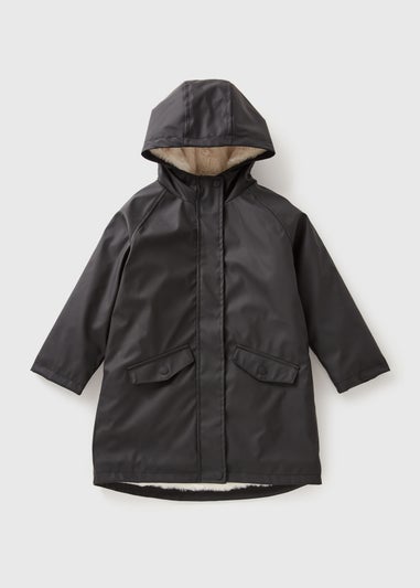 Girls Black Matte Fur Lined Mac (7-15yrs)