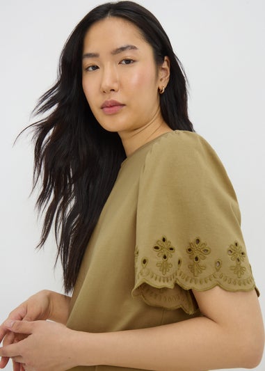 Khaki Floral Cut Out T-Shirt