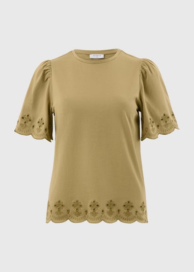 Khaki Floral Cut Out T-Shirt