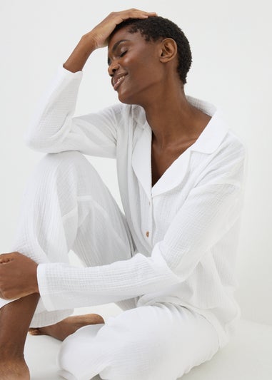 White Double Cloth Long Pyjama Set