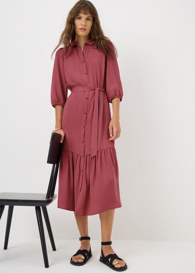 Red Solid Midi Shirt Dress