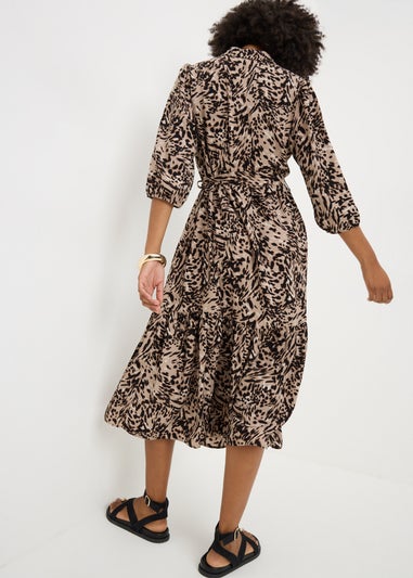 Brown Animal Print Midi Shirt Dress