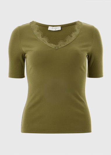 Green Lace Trim Ribbed Top