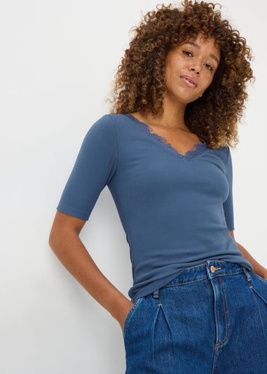 Blue Lace Trim Ribbed Top
