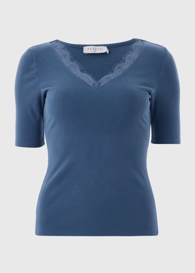 Blue Lace Trim Ribbed Top