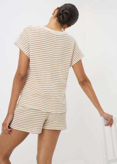 Beige Stripe Textured V Neck Co Ord Top