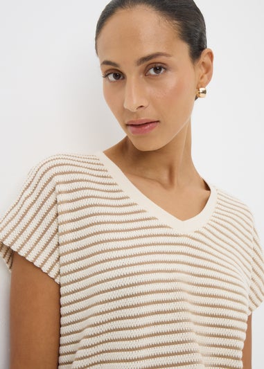 Beige Stripe Textured V Neck Co Ord Top