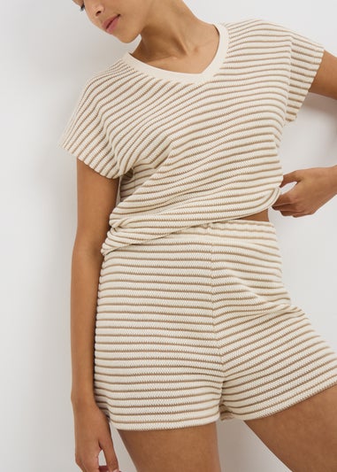 Beige Stripe Textured Co Ord Shorts