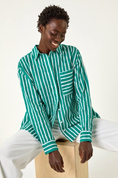 Roman Green Stripe Linear Print V-Neck Button Shirt