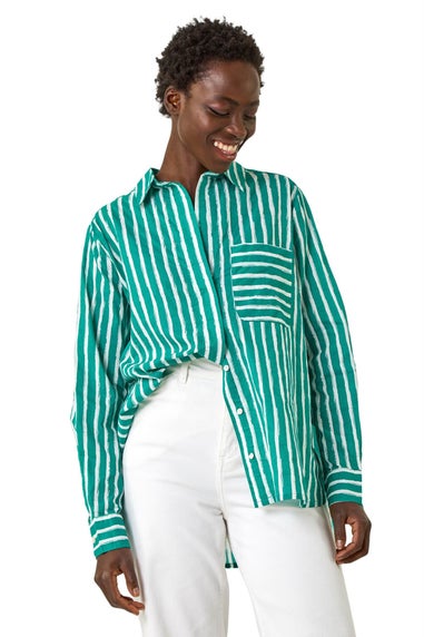 Roman Green Stripe Linear Print V-Neck Button Shirt