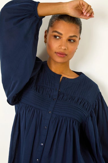 Roman Navy Pleat Detail Button Through Blouse