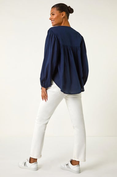 Roman Navy Pleat Detail Button Through Blouse