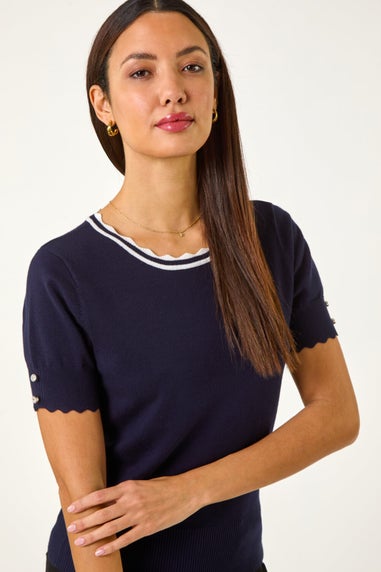 Roman Navy Scallop Edge Knit T-Shirt