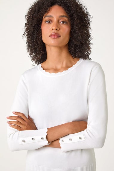 Roman Ivory Diamante Button Scallop Edge Jumper