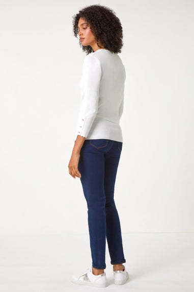 Roman Ivory Diamante Button Scallop Edge Jumper