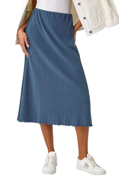 Roman Blue Textured Fluted Hem Midi Skirt
