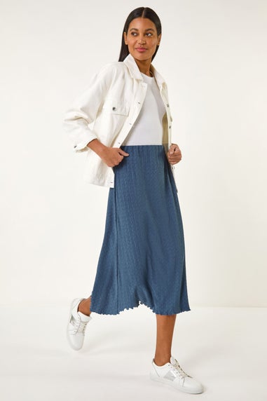Roman Blue Textured Fluted Hem Midi Skirt