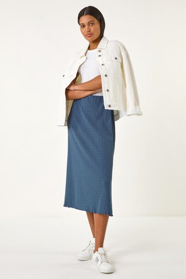 Roman Blue Textured Fluted Hem Midi Skirt