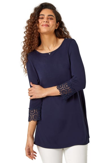 Roman Navy Plain Lace Trim Stretch Top