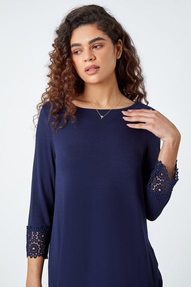 Roman Navy Plain Lace Trim Stretch Top