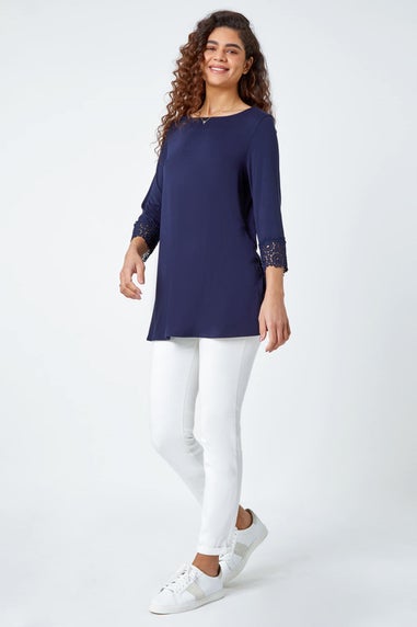 Roman Navy Plain Lace Trim Stretch Top