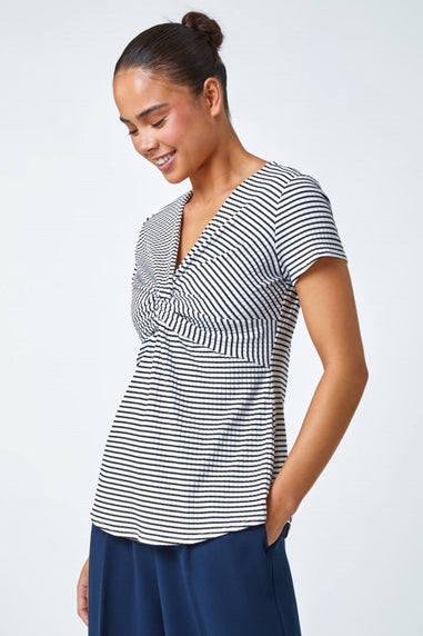 Roman Black Petite Stripe Twist Soft V-Neck Stretch Top