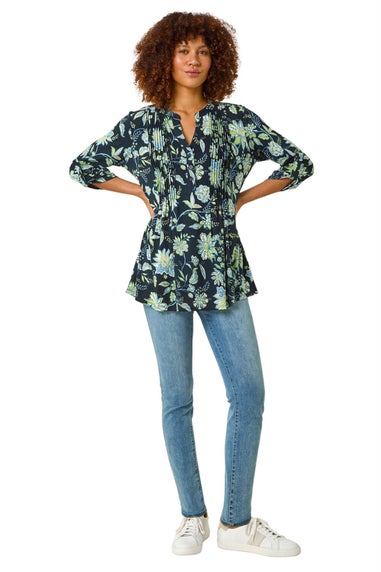Roman Lime Floral Print Pintuck Shirt