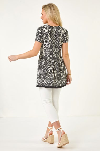 Roman Black Petite Aztec Print V-Neck Tunic Top