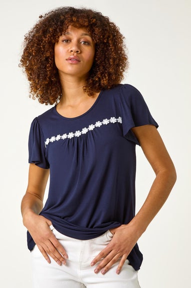 Roman Navy Daisy Applique Stretch Top