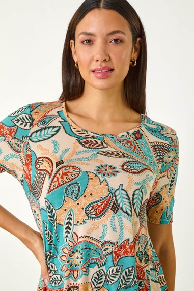 Roman Blue Floral Print Hanky Hem Tunic Top