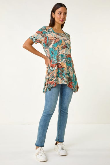 Roman Blue Floral Print Hanky Hem Tunic Top