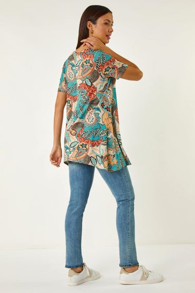 Roman Blue Floral Print Hanky Hem Tunic Top