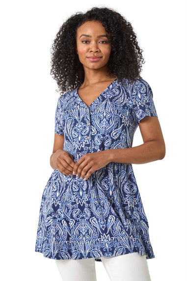 Roman Blue Petite Paisley Mono V-Neck Tunic