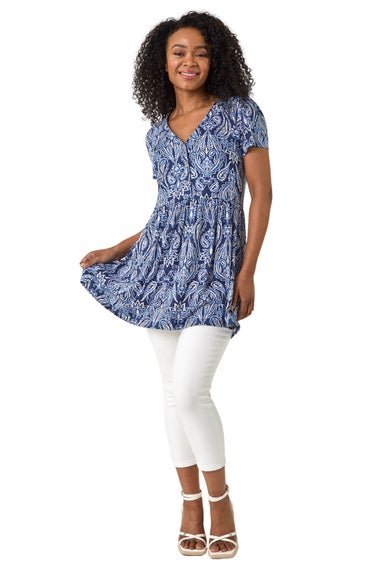 Roman Blue Petite Paisley Mono V-Neck Tunic