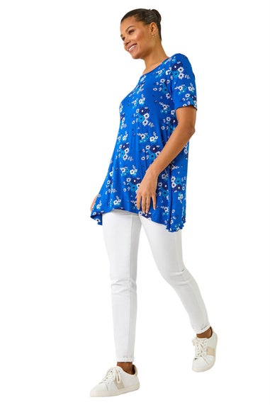 Roman Blue Floral Print Hanky Hem Tunic Top