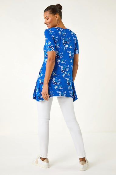 Roman Blue Floral Print Hanky Hem Tunic Top