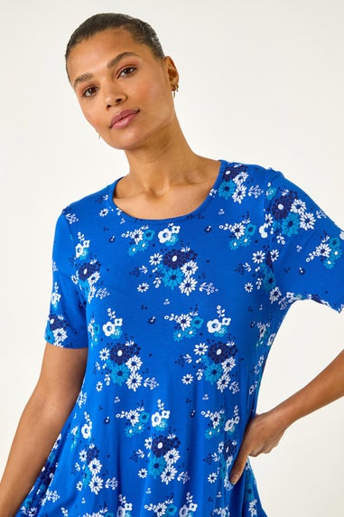 Roman Blue Floral Print Hanky Hem Tunic Top