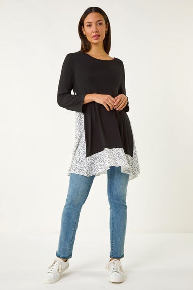 Roman Black Polka Dot Side Split Tunic Top