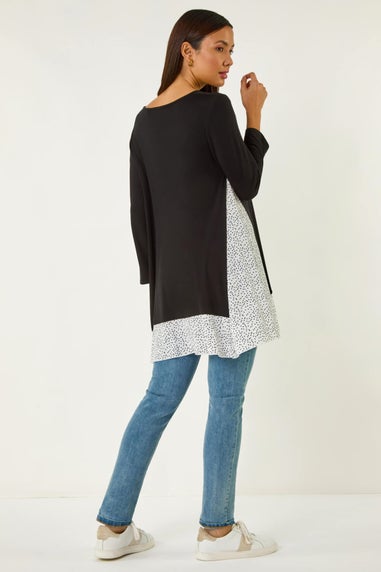 Roman Black Polka Dot Side Split Tunic Top