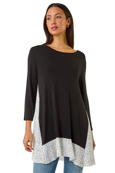 Roman Black Polka Dot Side Split Tunic Top