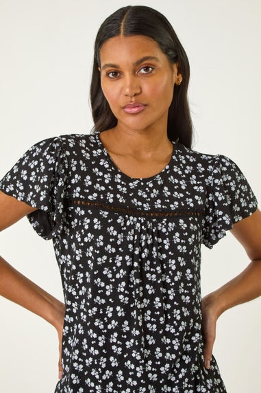 Roman Black Floral Print Ladder Trim Top