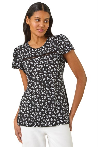 Roman Black Floral Print Ladder Trim Top